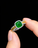 Emerald diamond halo ring in 18K two tone gold for elegant occasion and statement jewellery styling | SARATTI