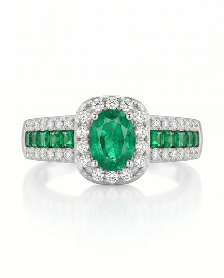 Emerald halo ring with demantoid garnets in 18K white gold | SARATTI
