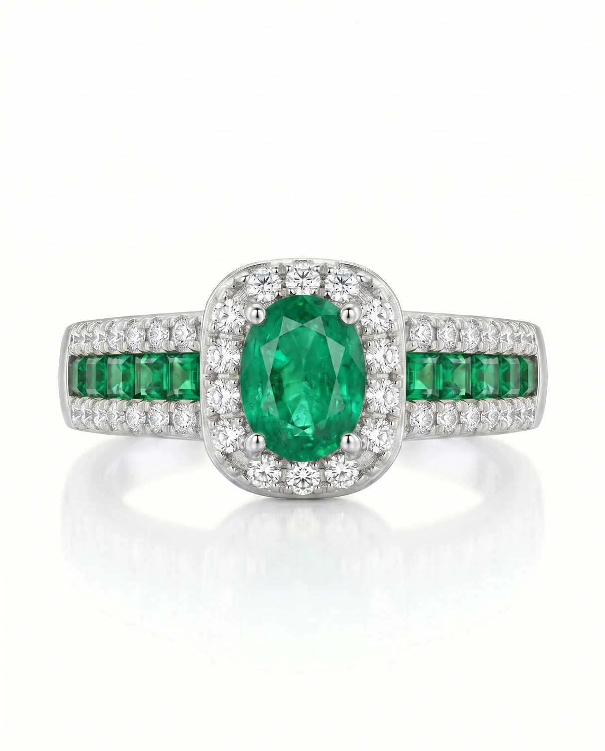 Emerald halo ring with demantoid garnets in platinum | SARATTI
