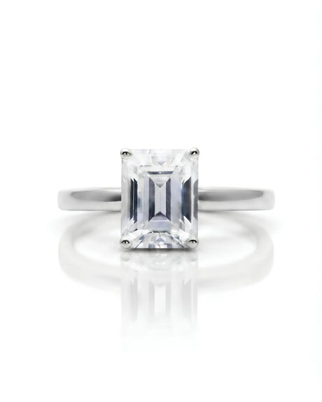 Emerald moissanite solitaire ring in white gold with architectural basket and clean minimalist profile | SARATTI