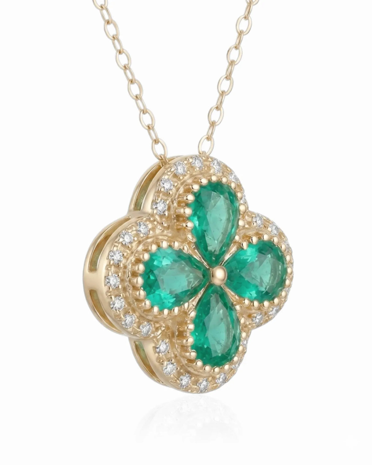 Emerald pendant necklace four leaf clover natural emerald diamond accent necklace yellow gold fine jewelry | SARATTI