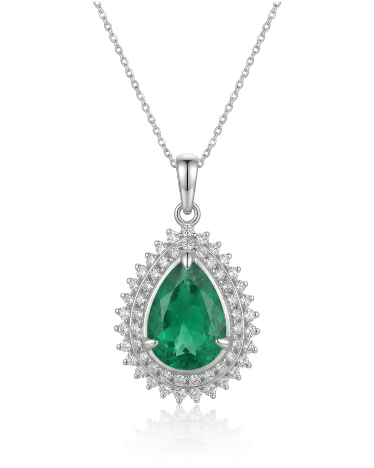 Emerald teardrop pendant with layered diamond frame and refined PT900 platinum setting - SARATTI