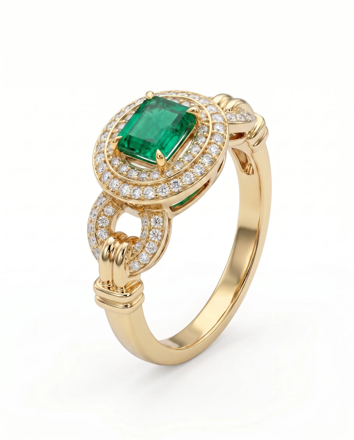 Eterna natural emerald halo ring in 18K Yellow Gold | SARATTI