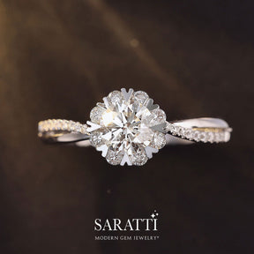 0.6 Carat Halo Twisted Shank Diamond Engagement Ring | Modern Gem Jewelry | Saratti