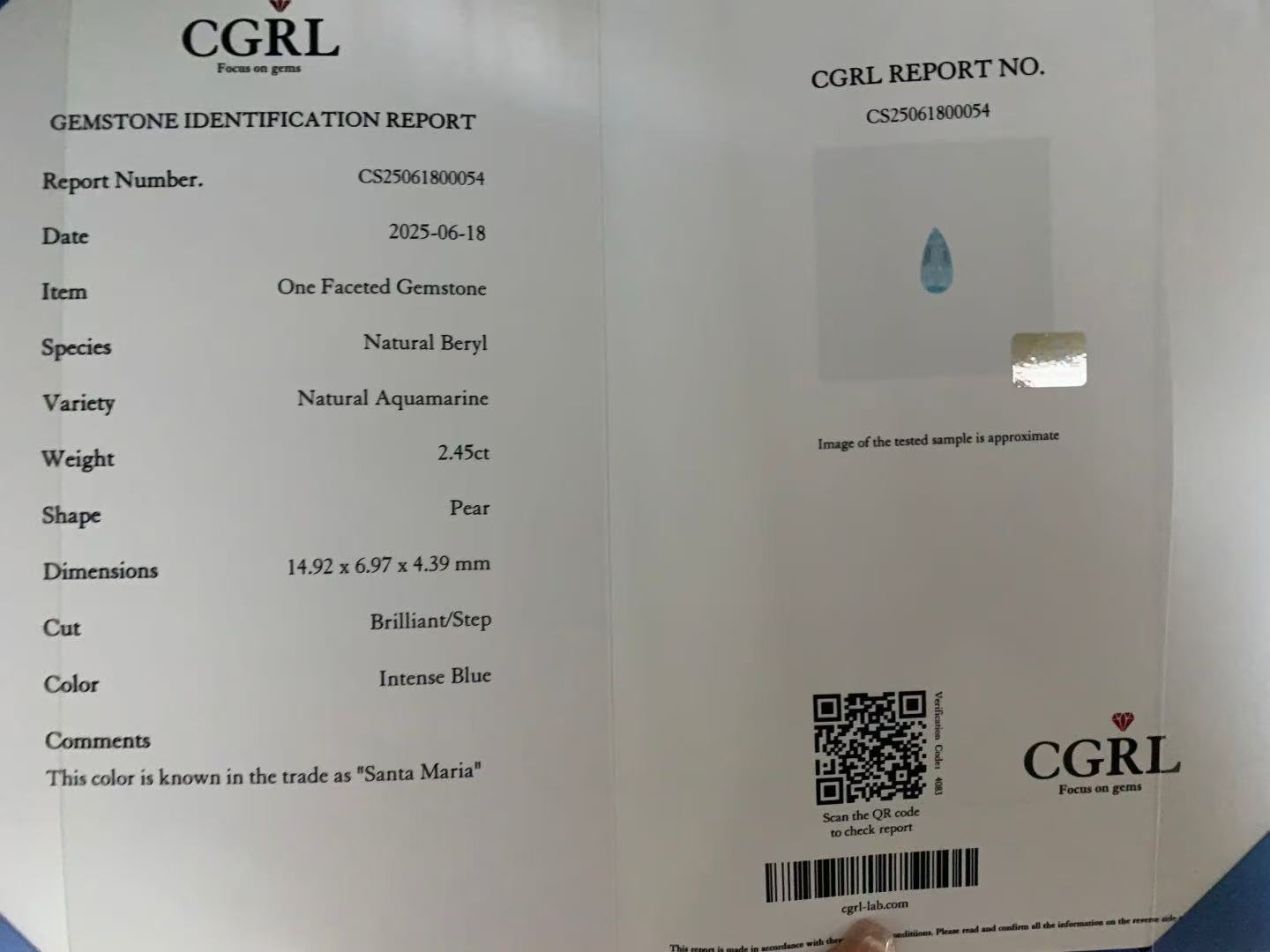 2.45ct Natural Santa Maria Aquamarine | Pear – 14.92 × 6.97 × 4.39mm | CGRL Certified