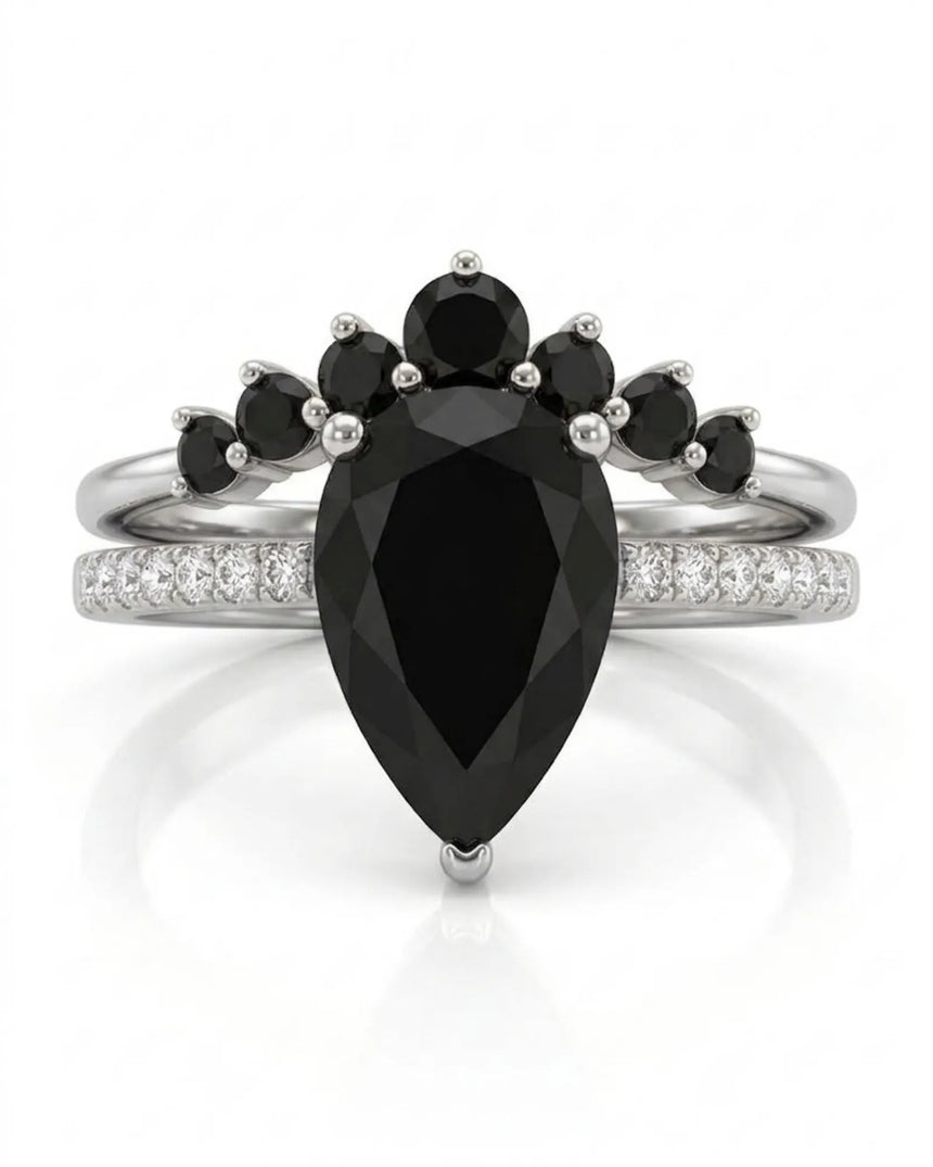Kayla black natural pear diamond bridal set worn on hand in Platinum | SARATTI