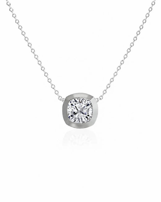 SOLARA Bezel-Set Cushion Cut solitaire necklace setting in white gold, front view | SARATTI