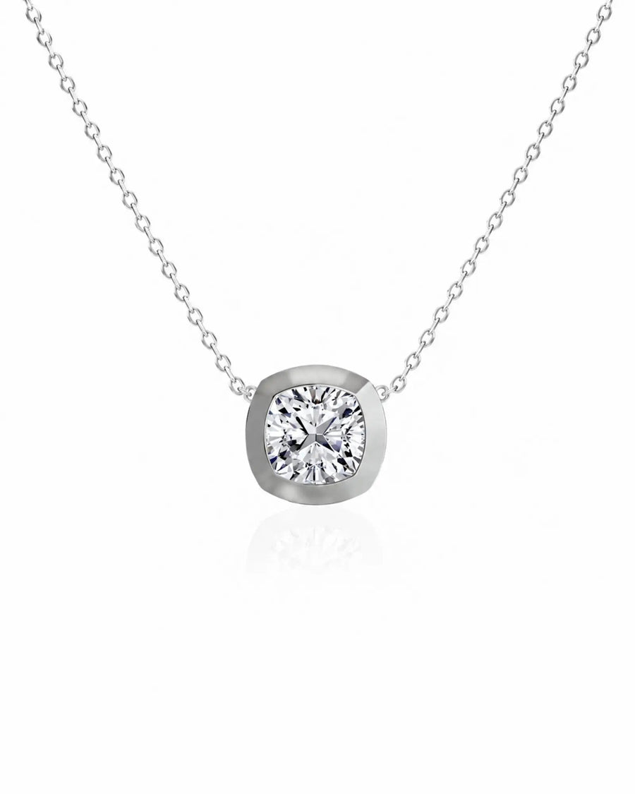 SOLARA Bezel-Set Cushion Cut solitaire necklace setting in white gold, front view | SARATTI