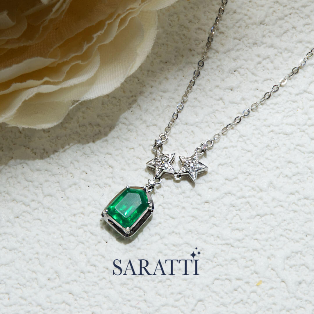 Pentagon Shaped Emerald of the Esprit de Nature Emerald and Diamond Pendant | Saratti Fine Jewelry 