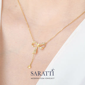 Yellow Diamond Ribbon Necklace with Pear Shaped Gem | 18K Yellow Gold | Saratti