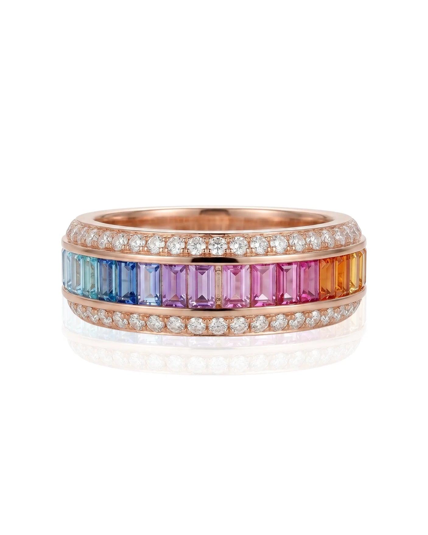 Fancy pink and blue sapphire ring with round diamond accents in 18K rose gold | SARATTI