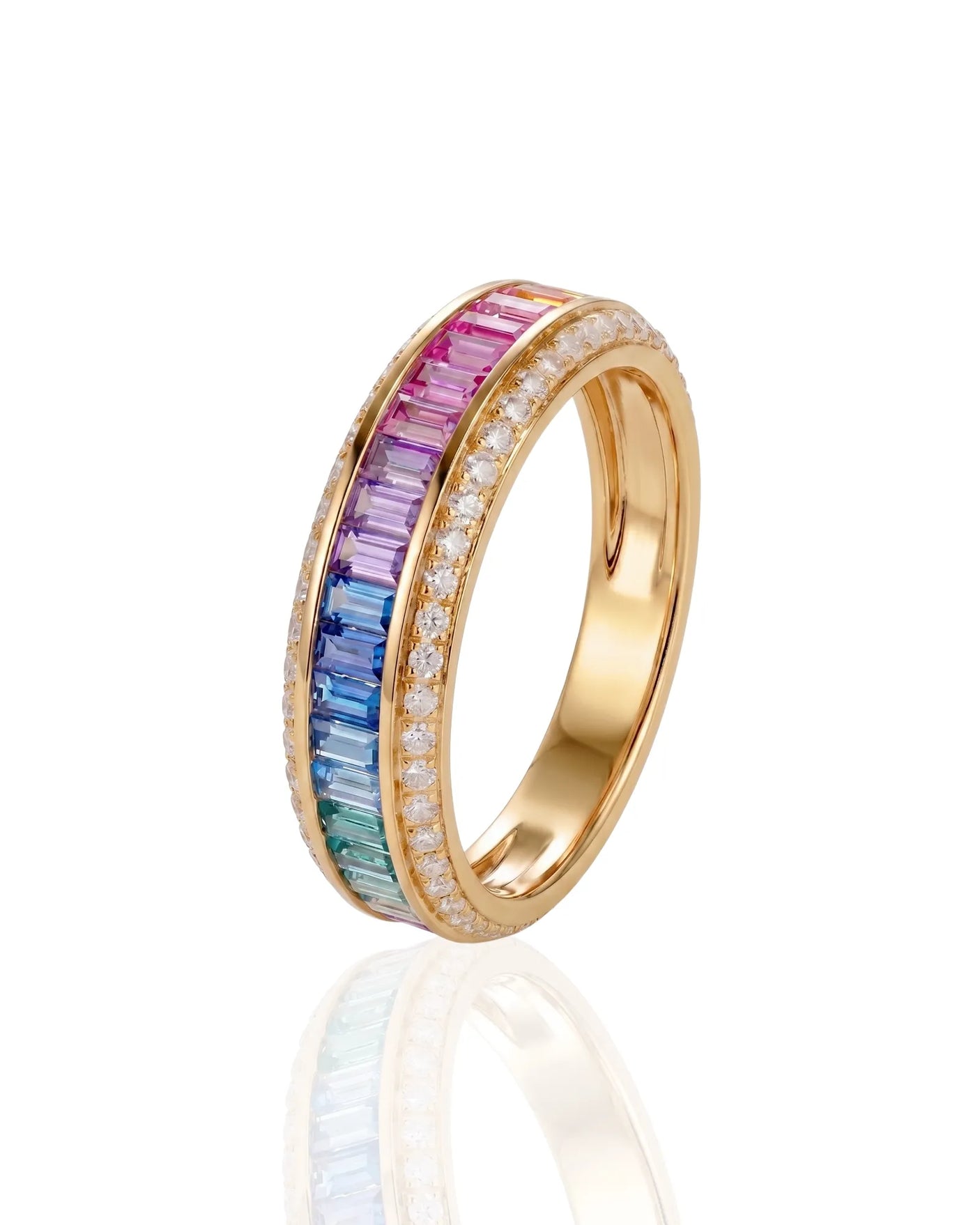 Fancy pink and blue sapphire ring with round diamond accents in 18K yellow gold | SARATTI