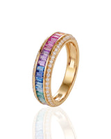 Fancy pink and blue sapphire ring with round diamond accents in 18K yellow gold | SARATTI