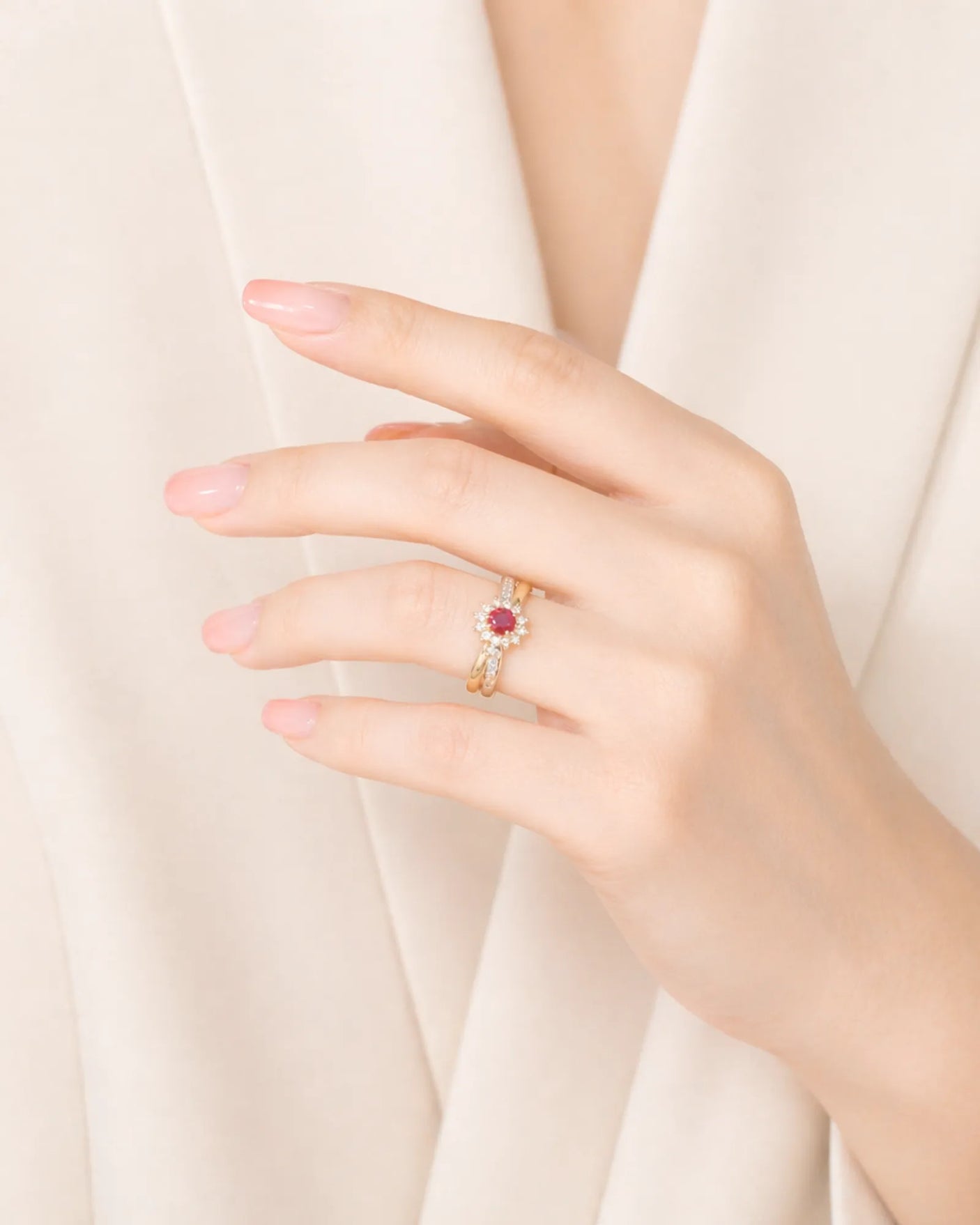 Fine Jewelry Ruby Ring with Diamond Halo in Two-Tone 18K Gold | SARATTI