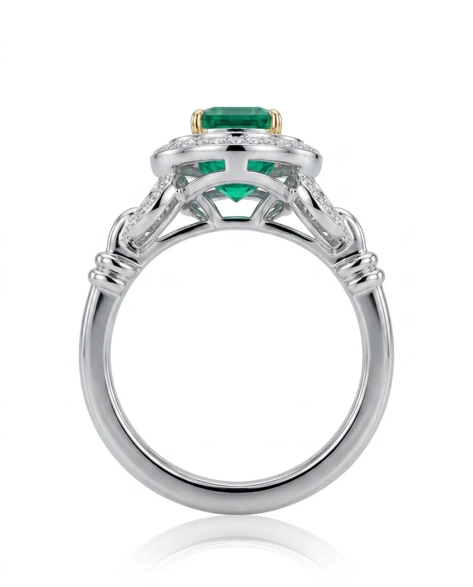 Fine jewelry natural emerald ring in 18K White Gold with vintage halo design | SARATTI