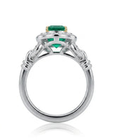 Fine jewelry natural emerald ring in 18K White Gold with vintage halo design | SARATTI