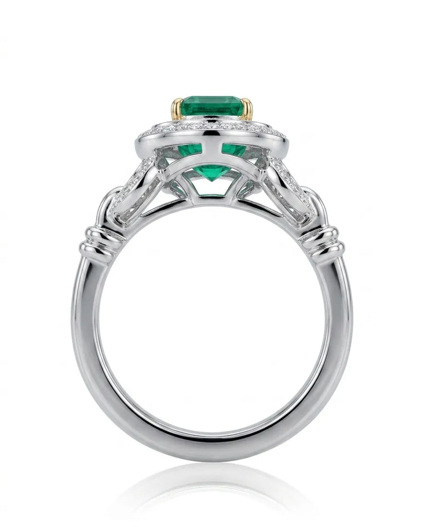 Fine jewelry natural emerald ring in 18K White Gold with vintage halo design | SARATTI