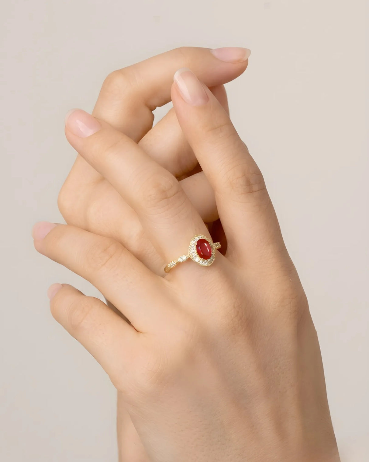 Fine ruby ring oval center diamond halo yellow gold | SARATTI