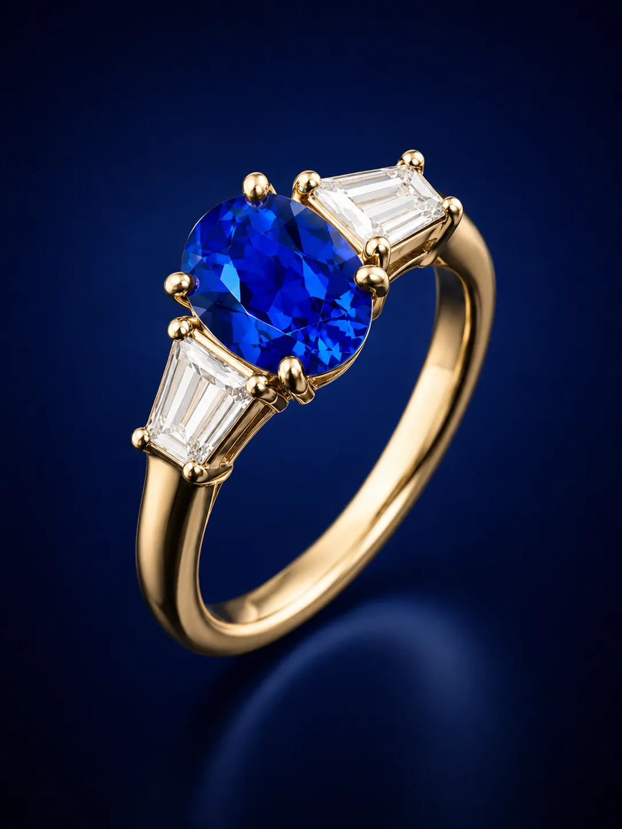 Polished SARATTI three-stone sapphire ring with oval blue sapphire center and diamond side stones on a deep navy studio background
