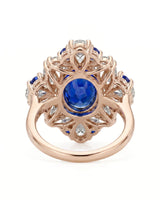 Five carat natural unheated sapphire ring with diamond accents in 18K rose gold | SARATTI