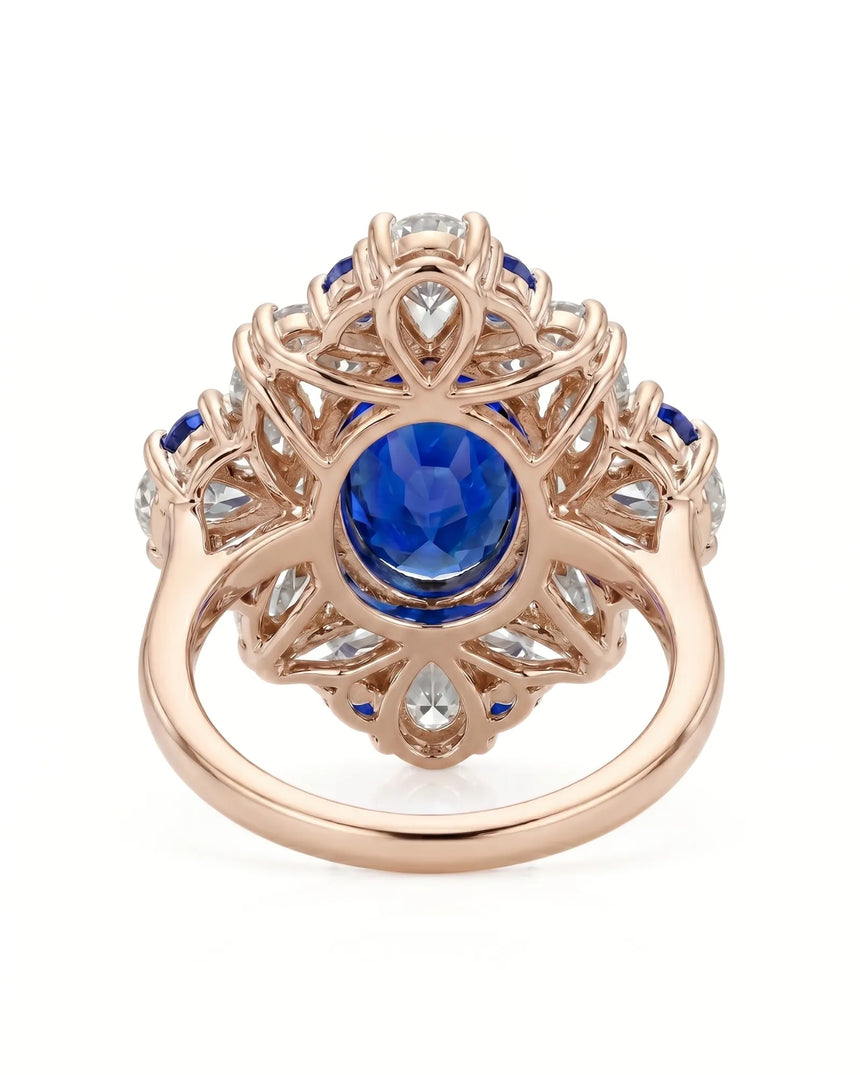 Five carat natural unheated sapphire ring with diamond accents in 18K rose gold | SARATTI