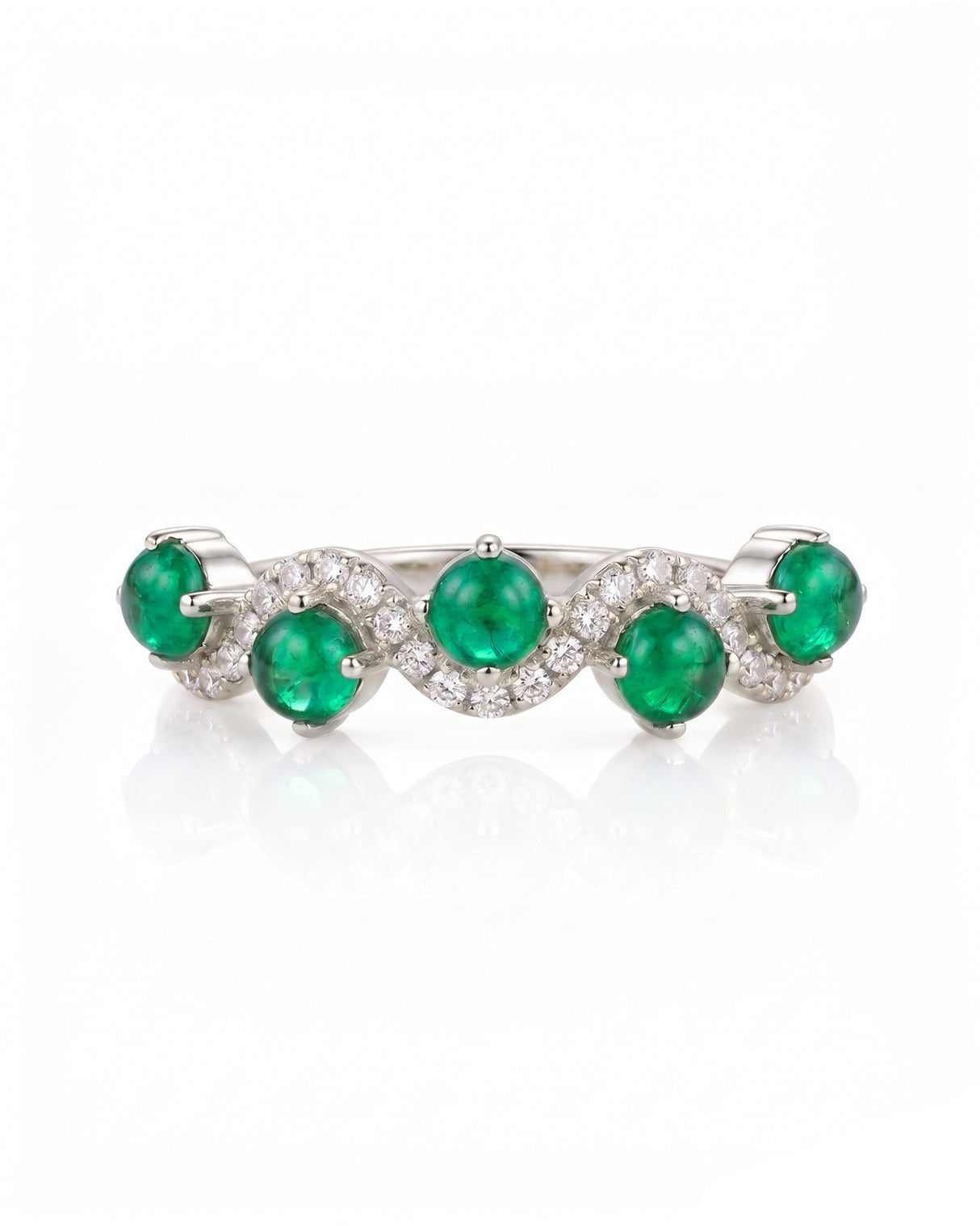 Five stone natural emerald cabochon ring in 18K White Gold | SARATTI