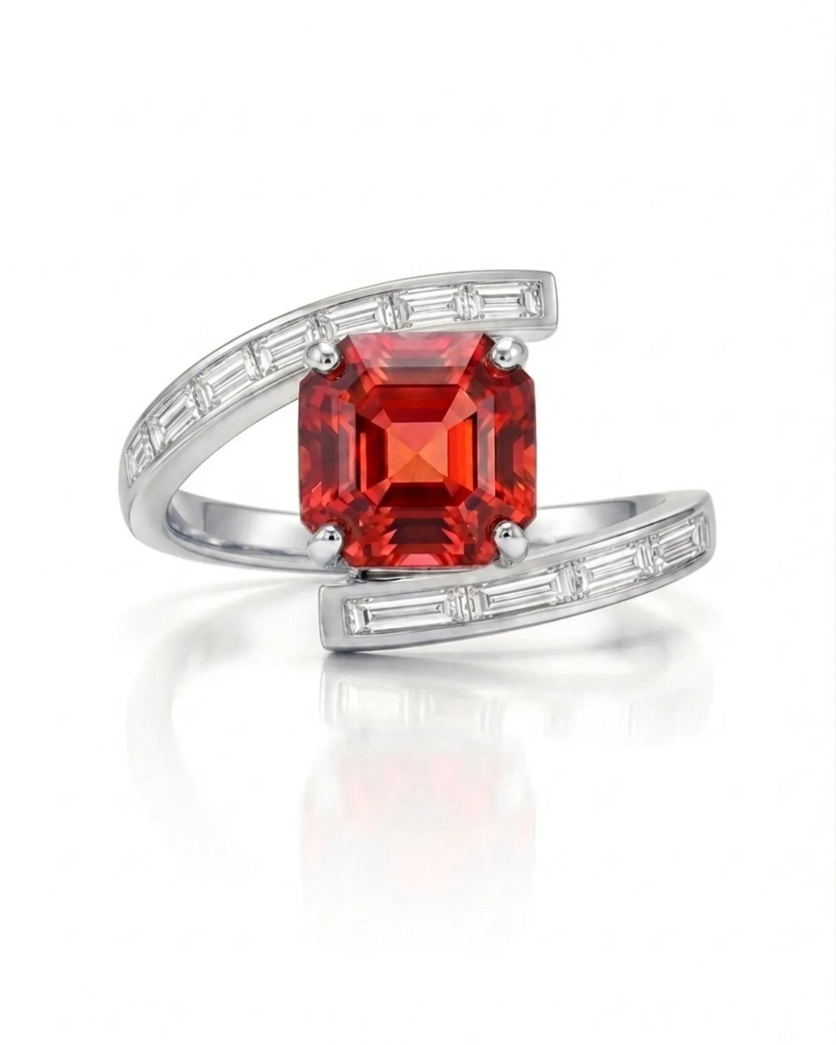 Floating bypass tourmaline ring with curved diamond shoulders in polished white gold - SARATTI
