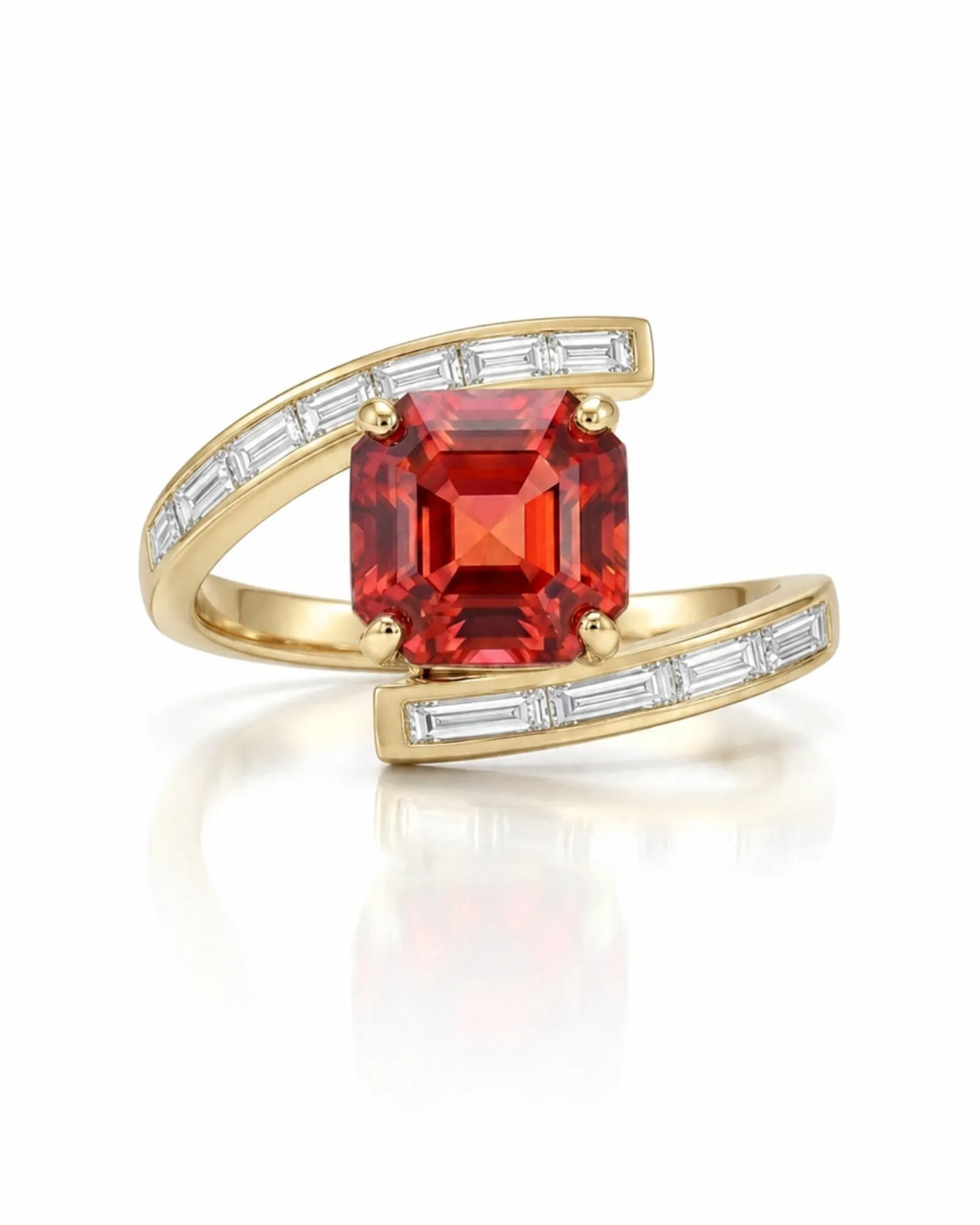 Floating bypass tourmaline ring with curved diamond shoulders in polished yellow gold - SARATTI