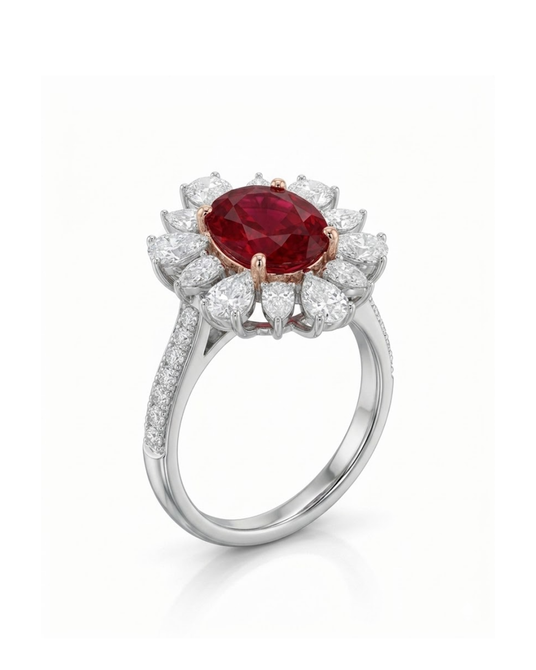 Flora Corona natural ruby and diamond ring in 18K White Gold | SARATTI