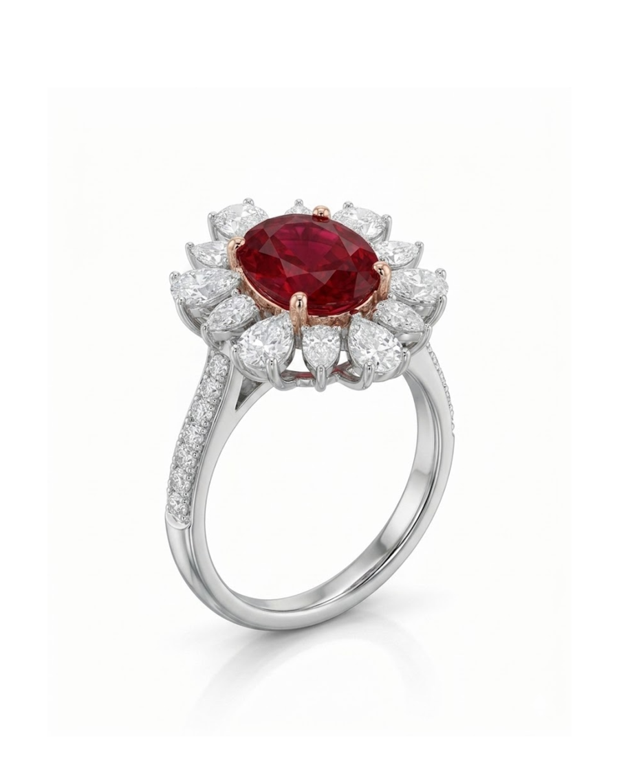 Flora Corona natural ruby and diamond ring in 18K White Gold | SARATTI