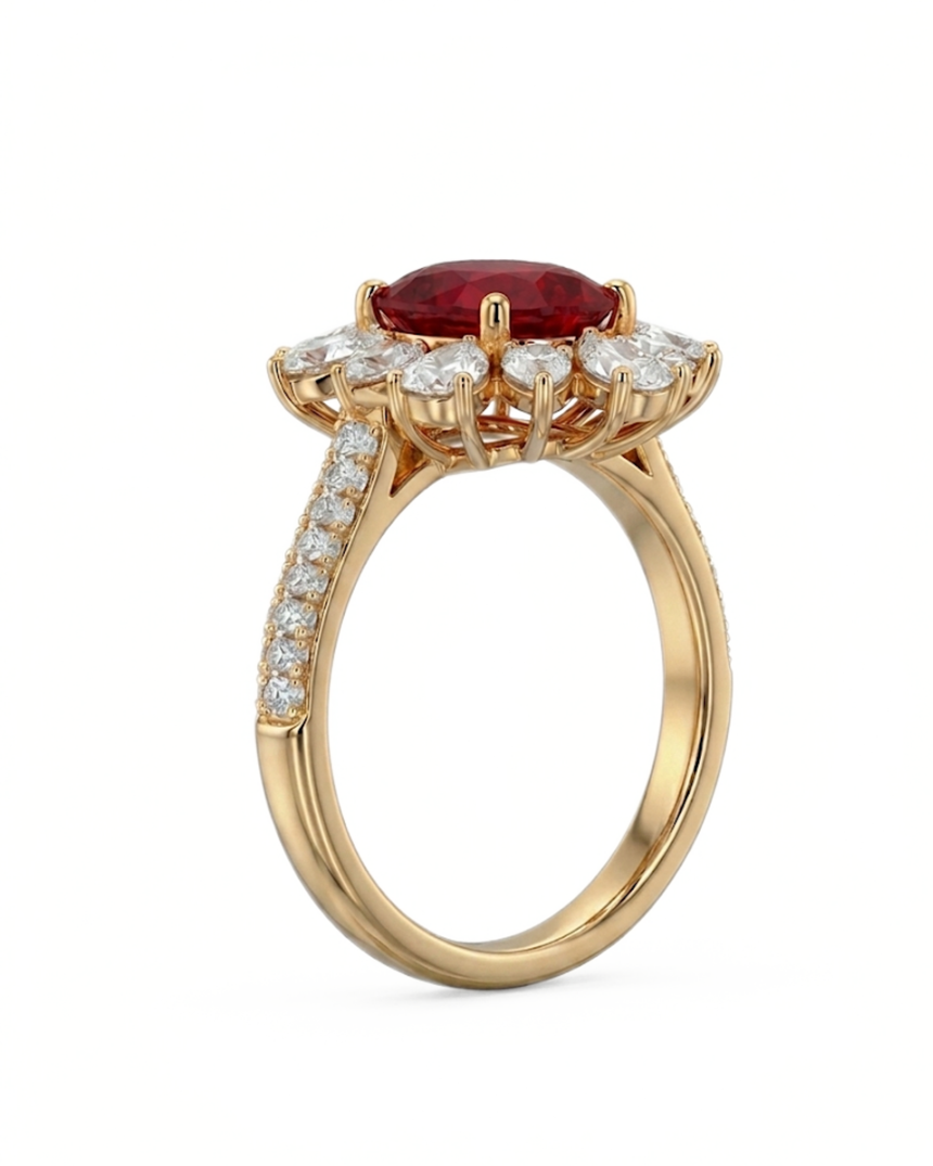 Flora Corona natural ruby and diamond ring in 18K Yellow Gold | SARATTI