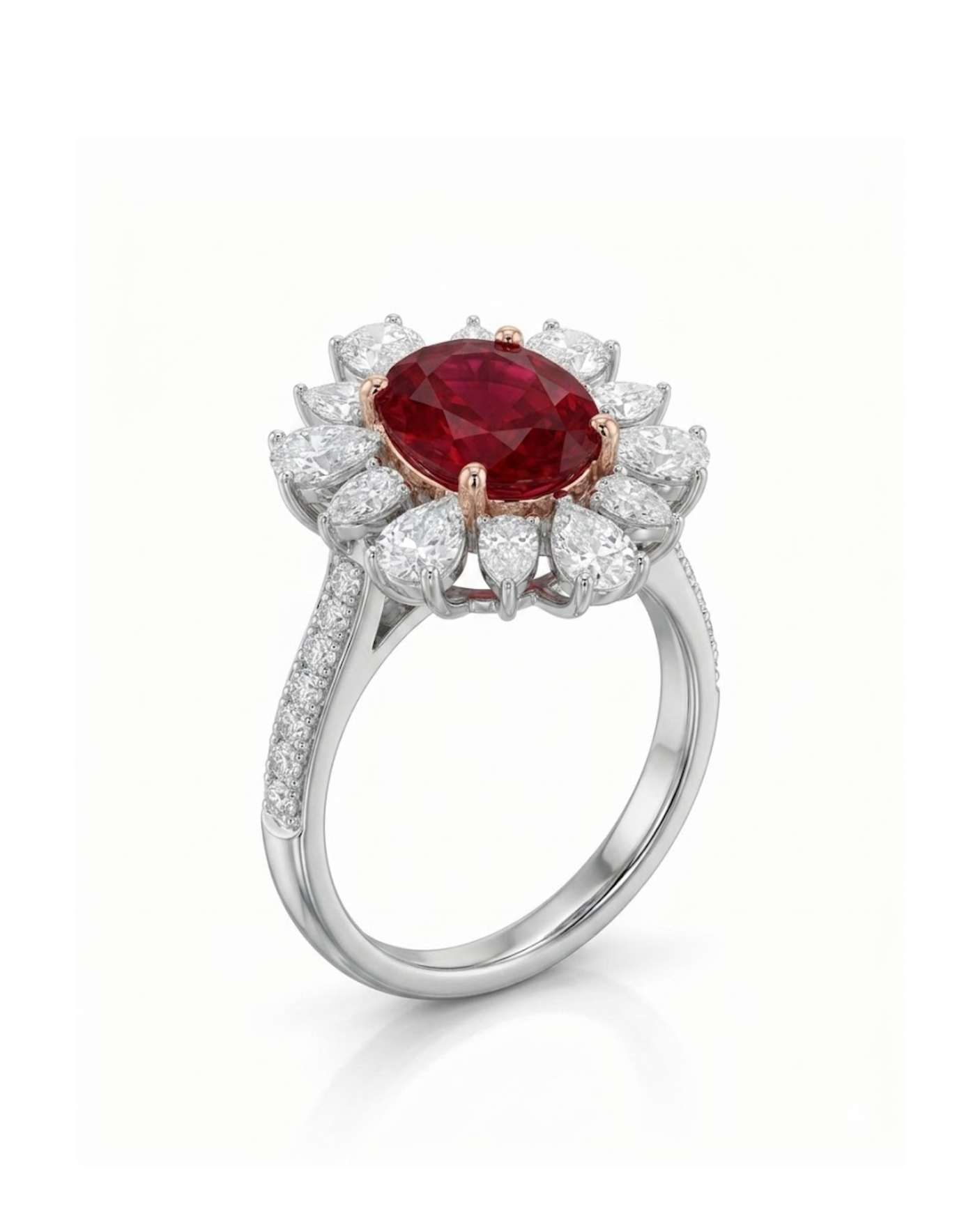 Flora Corona natural ruby and diamond ring in Platinum | SARATTI