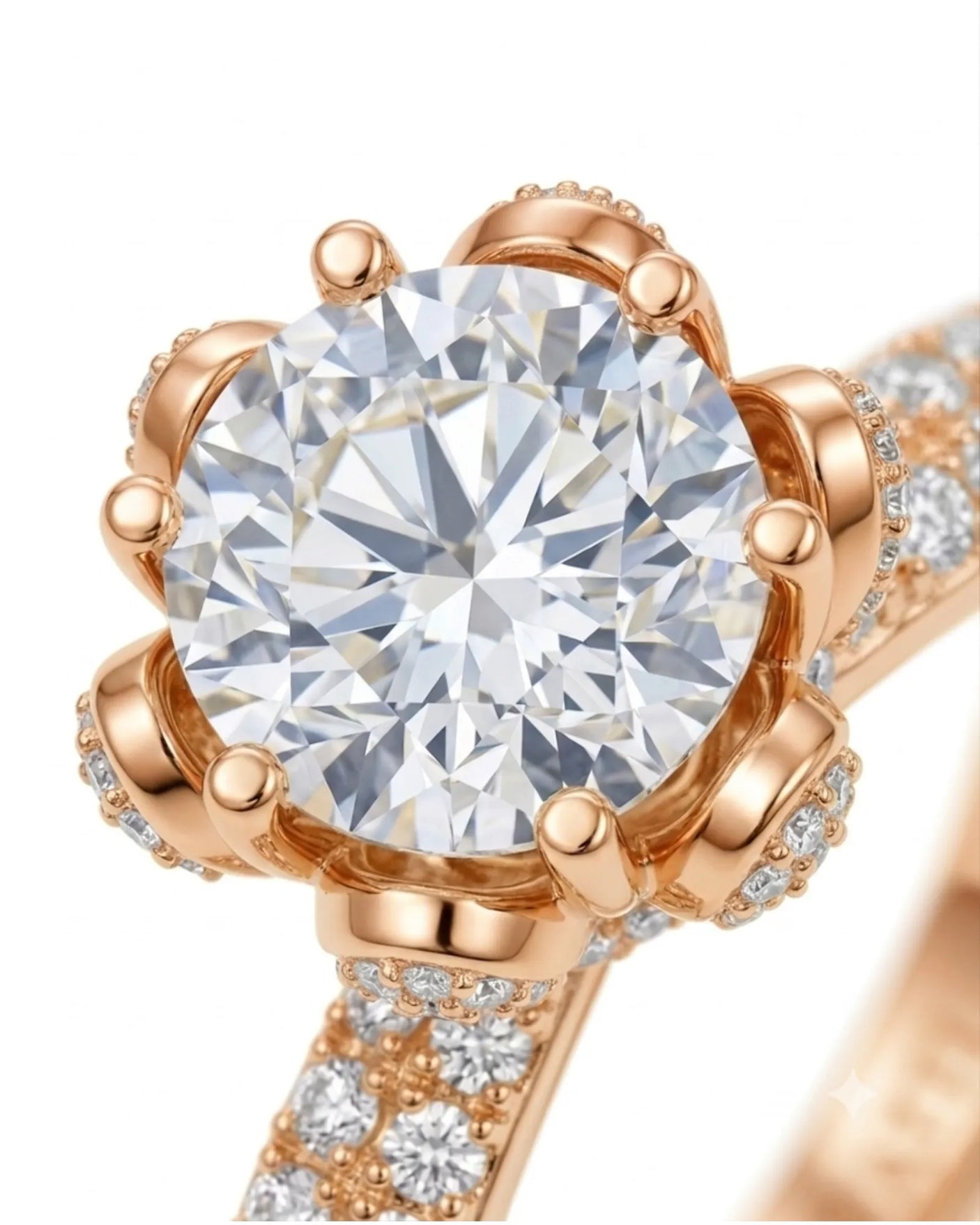 Floral basket moissanite ring with round center stone and pavé-set petals in 18K rose gold | SARATTI