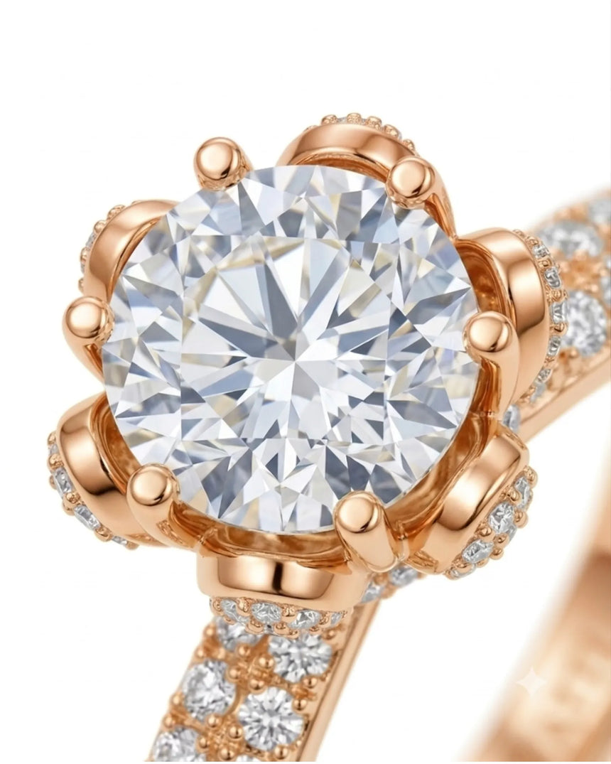 Floral basket moissanite ring with round center stone and pavé-set petals in 18K rose gold | SARATTI