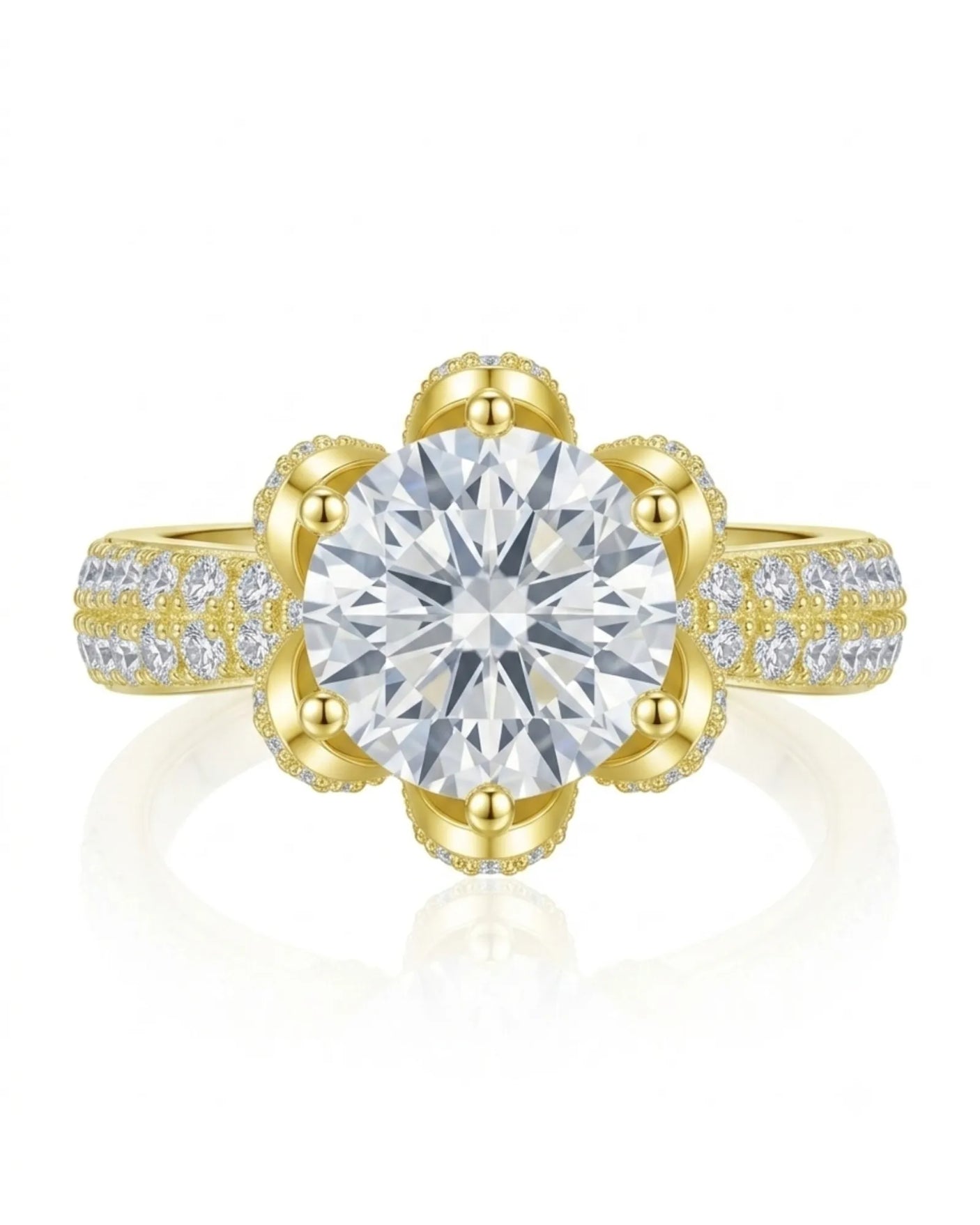 Floral basket moissanite ring with round center stone and pavé-set petals in 18K yellow gold | SARATTI