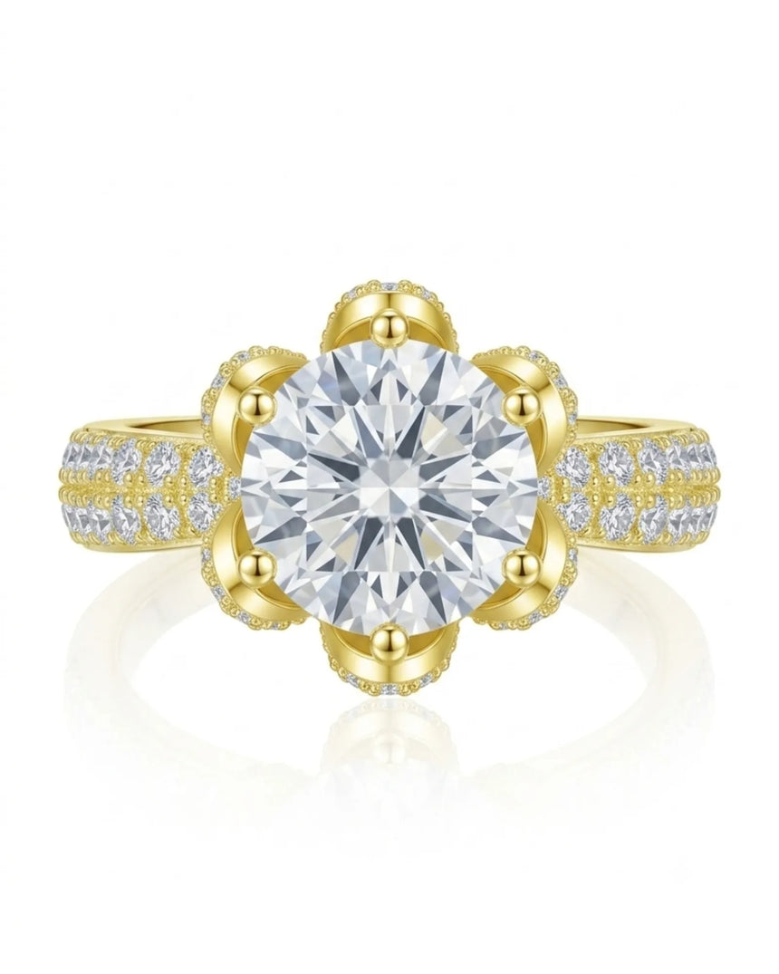 Floral basket moissanite ring with round center stone and pavé-set petals in 18K yellow gold | SARATTI