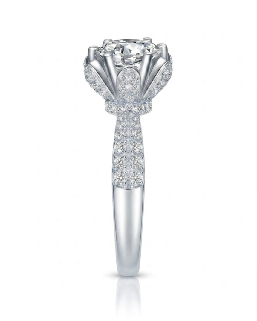 Floral basket moissanite ring with round center stone and pavé-set petals in polished platinum - SARATTI