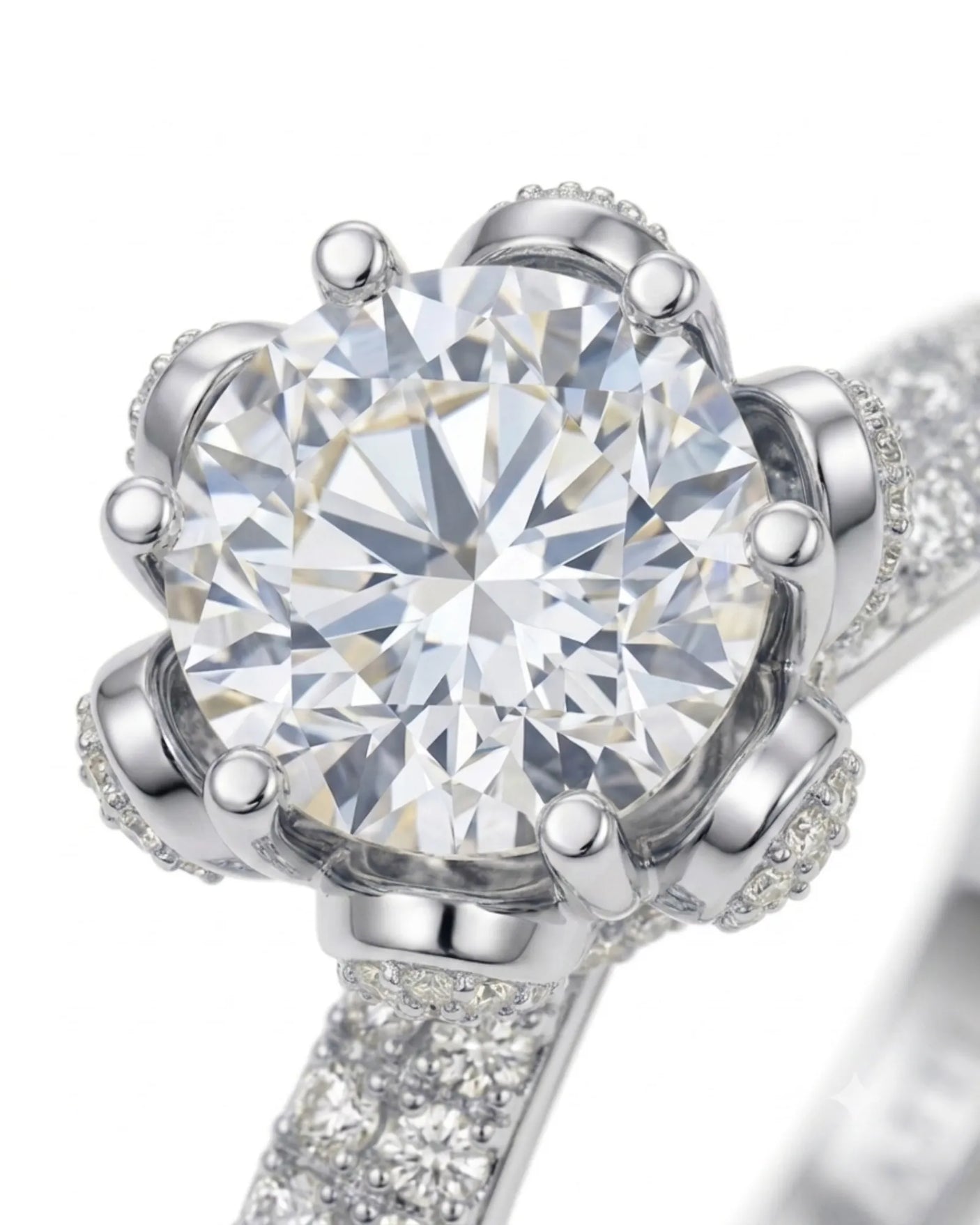 Floral basket moissanite ring with round center stone and pavé-set petals in polished platinum | SARATTI