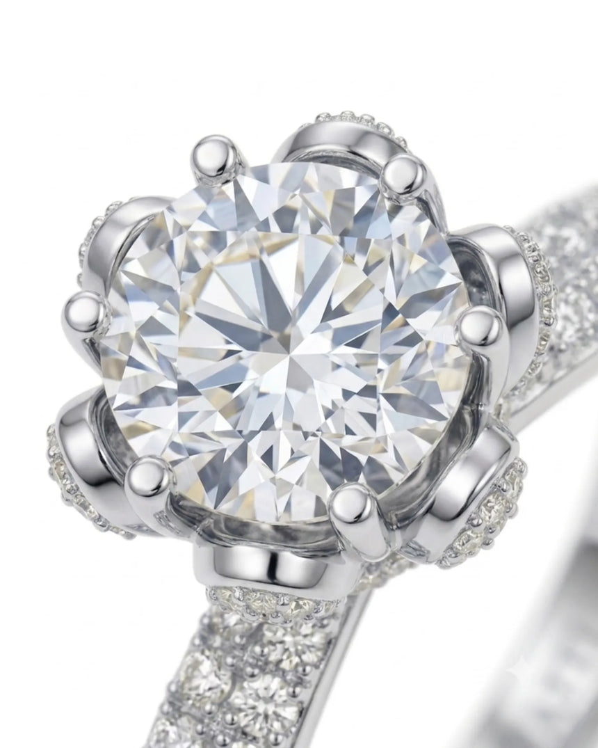 Floral basket moissanite ring with round center stone and pavé-set petals in polished platinum | SARATTI