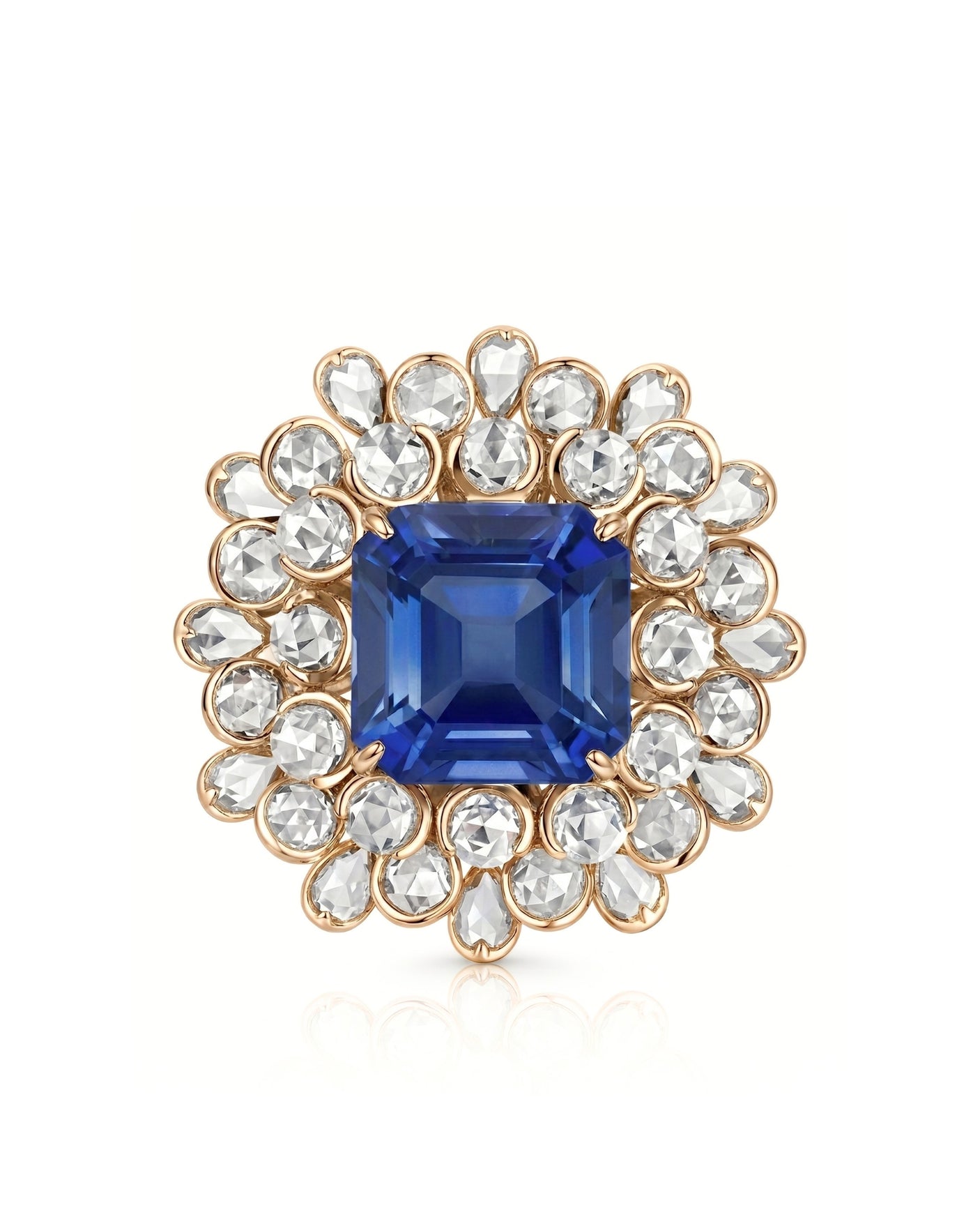 Floral halo sapphire ring with round and pear diamonds in romantic 18K rose gold | SARATTI