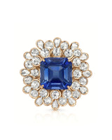 Floral halo sapphire ring with round and pear diamonds in romantic 18K rose gold | SARATTI