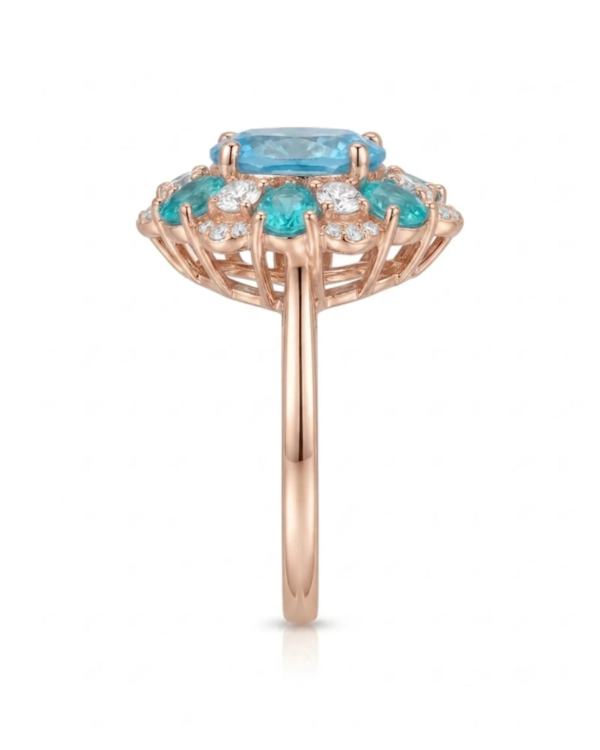 Floral halo topaz ring with alternating apatite petals and diamonds in polished 18K rose gold | SARATTI