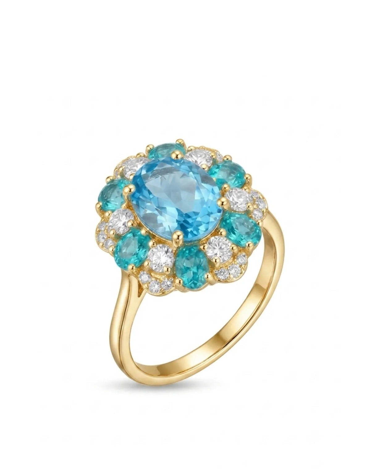Floral halo topaz ring with alternating apatite petals and diamonds in polished 18K yellow gold | SARATTI