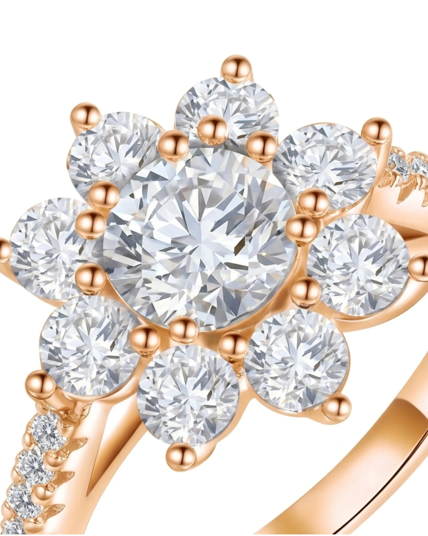 Floral moissanite ring with round center and eight petal-like accents in 18K rose gold | SARATTI