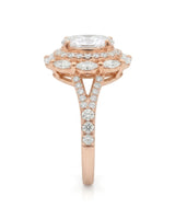 Floral oval moissanite ring with layered side stones and pavé split band in rose gold | SARATTI
