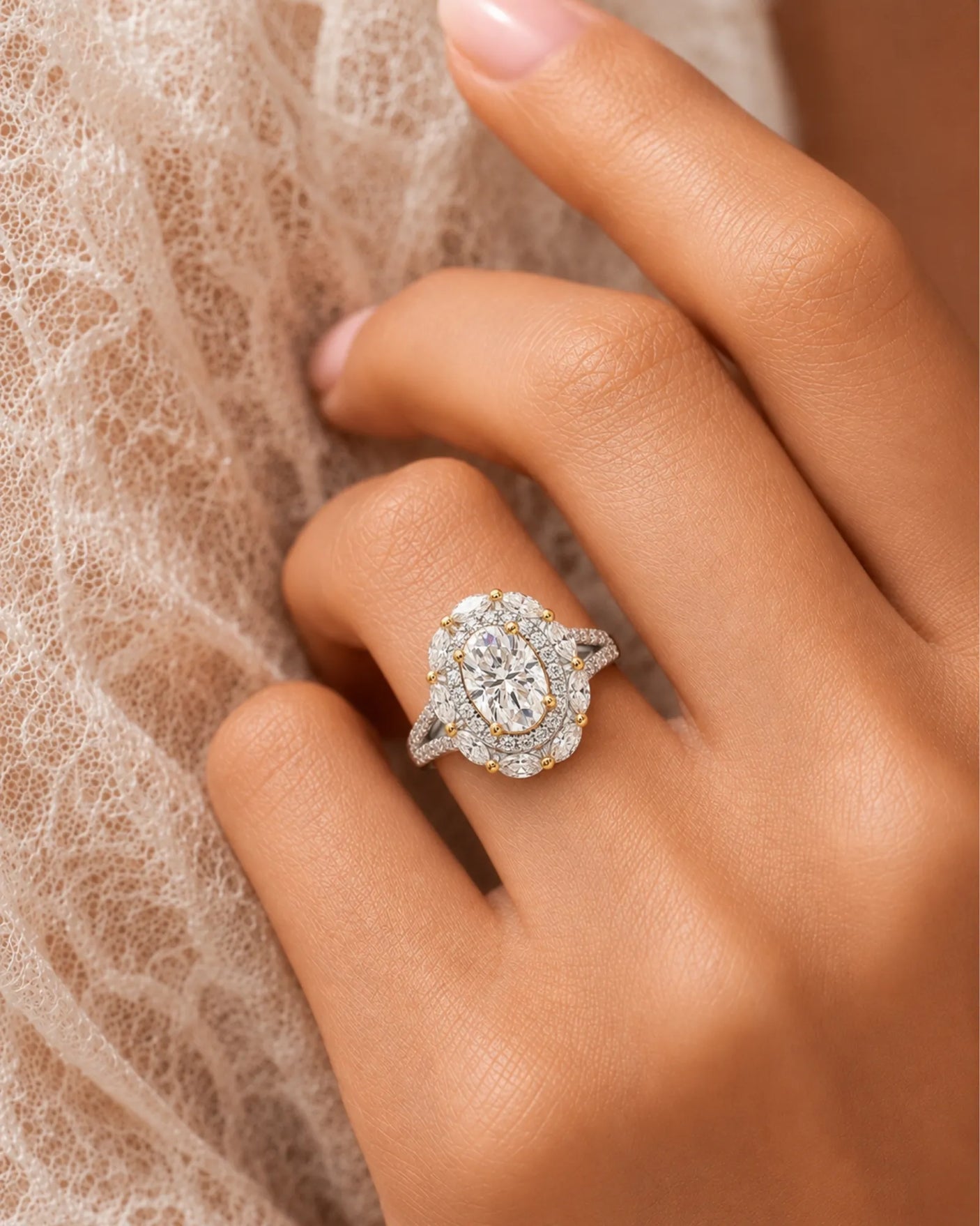 Floral oval moissanite ring with layered side stones and pavé split band in two tone | SARATTI