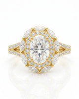 Floral oval moissanite ring with layered side stones and pavé split band in yellow gold | SARATTI