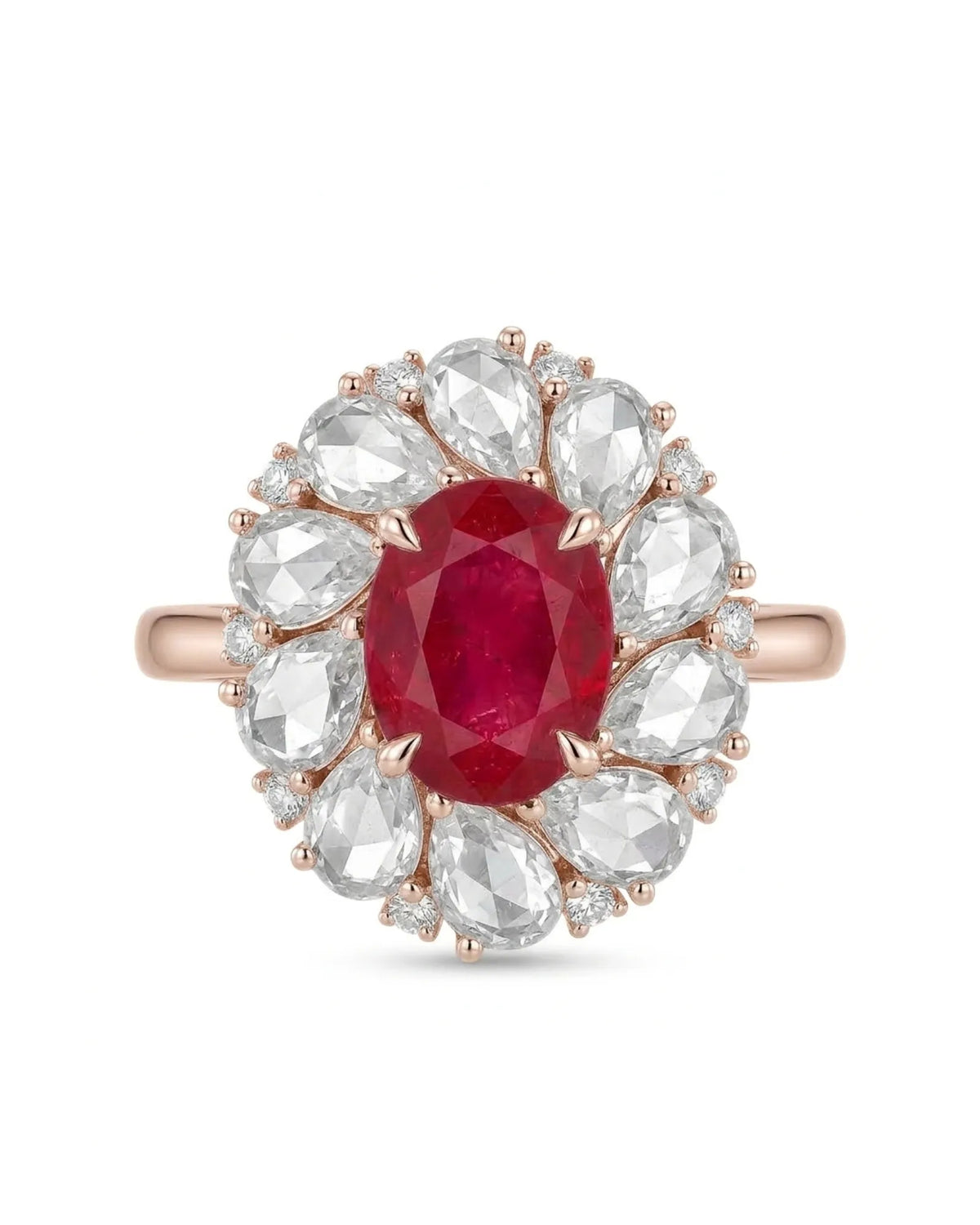 Floral ruby ring featuring layered marquise white sapphire petals and delicate diamonds in 18K rose gold | SARATTI