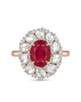 Floral ruby ring featuring layered marquise white sapphire petals and delicate diamonds in 18K rose gold | SARATTI