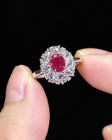 Floral ruby ring featuring layered marquise white sapphire petals and delicate diamonds in PT900 platinum - SARATTI